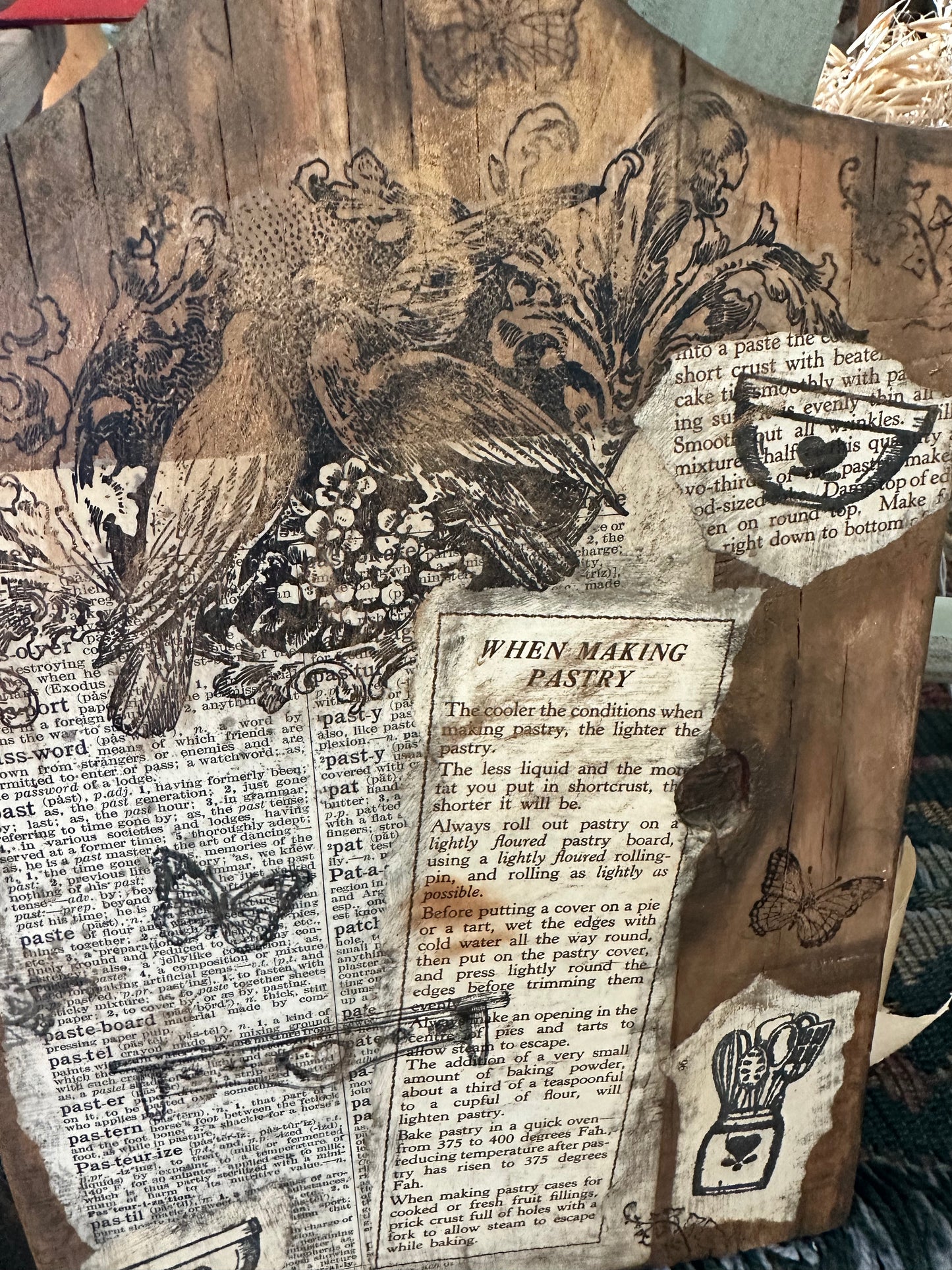 Handmade Collage Art on wood cutting board