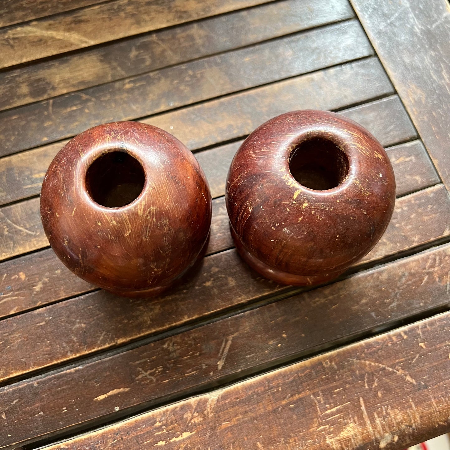Vintage Round Wooden Candle Holders - Set of 2
