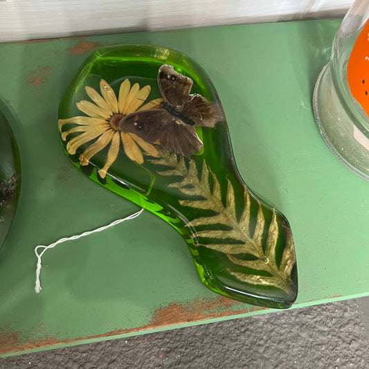 Vintage Green Lucite Spoon Rest with Butterfly & Pressed Flowers
