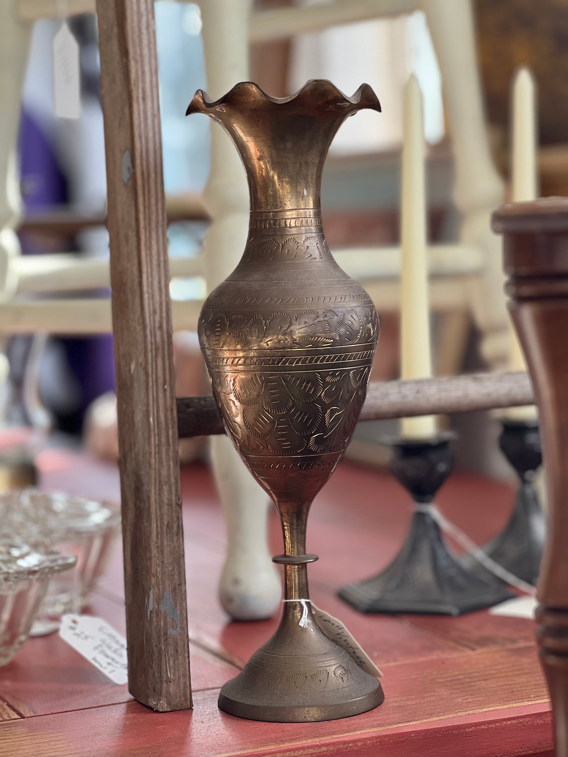 Brass Etched Pedestal vase – The Pelican Girls