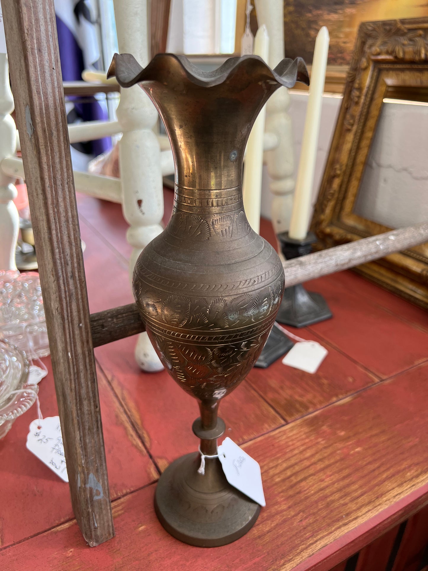 Brass Etched Pedestal vase